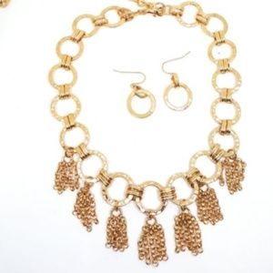 Gold Tone Fringe Choker Necklace and Earring Set